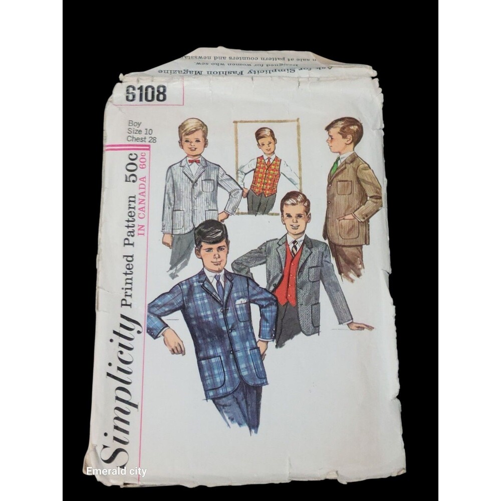 Vtg 1960’s Simplicity Boys Jacket Sewing Pattern #6108 Size 10 Chest 28